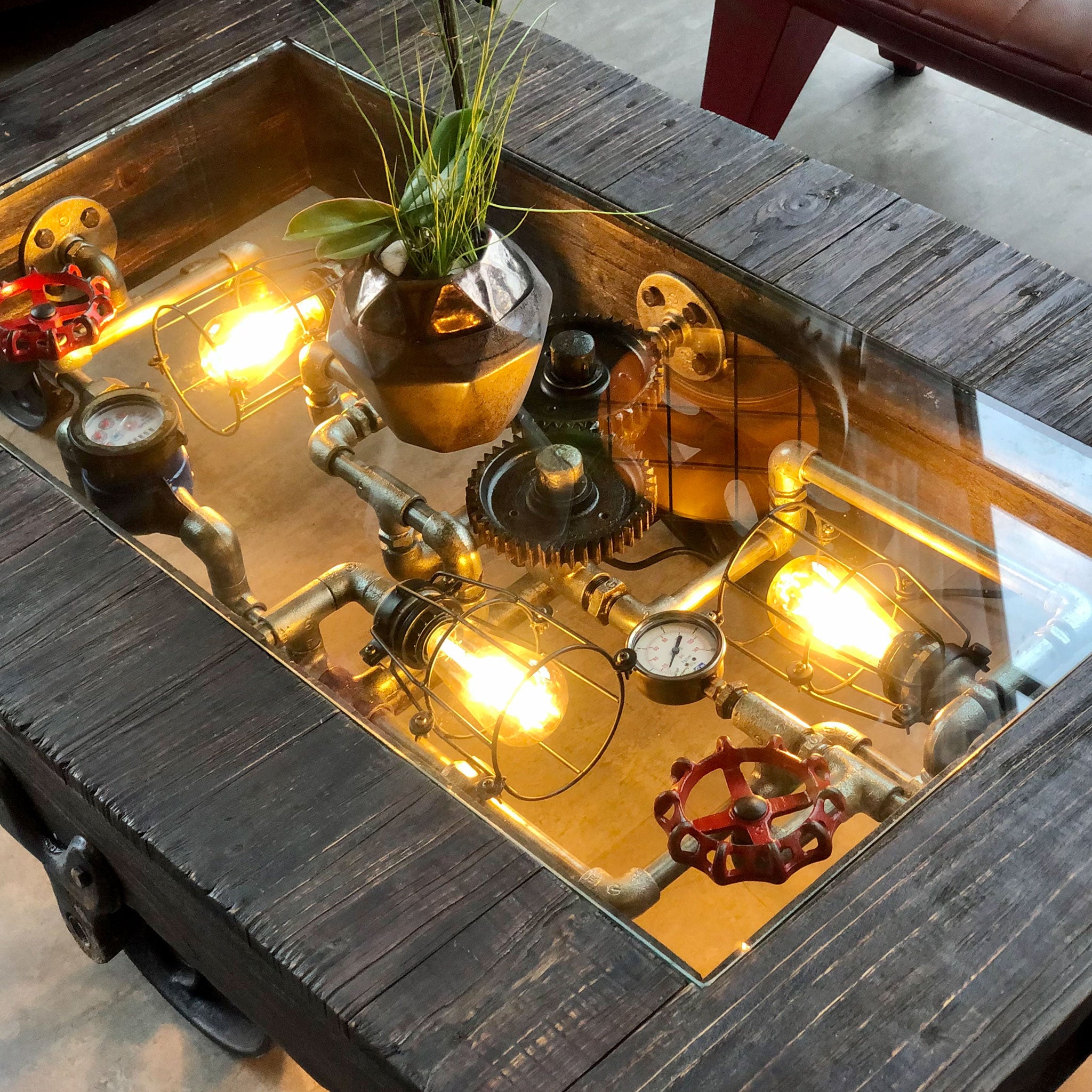 Steam punk wooden Trolley Coffee Table-GoldenPigs